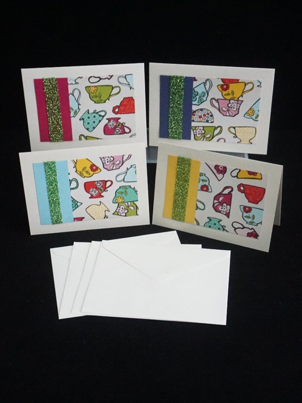 4 Off White Teacup Print Handmade Note Cards with Lime Green Glitter Ribbon